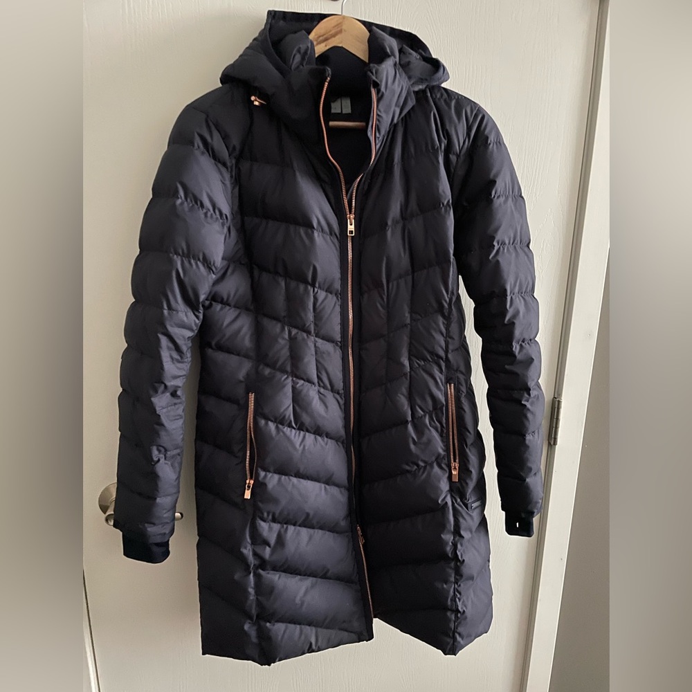 Athleta Goose Down Filled Long Puffer Coat with Hood - Navy Blue Size SM